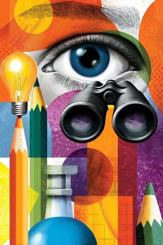 Close-up of a vibrant eye illustration surrounded by creativity symbols and tools