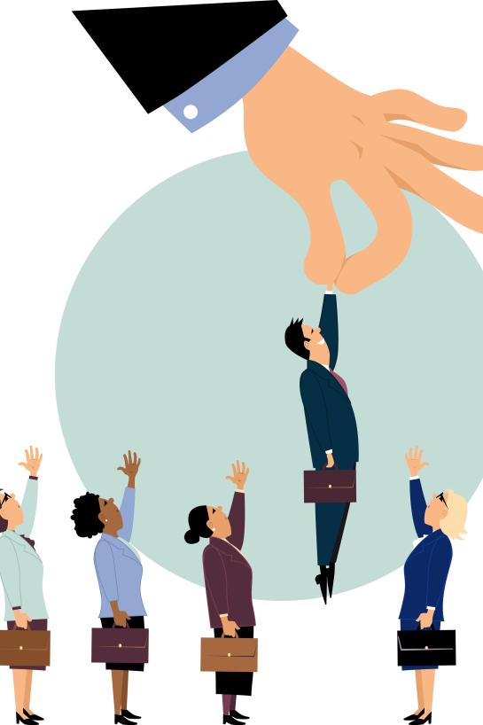 Giant managerial hand piking a man from a row of potential candidates for a job, ignoring women, EPS 8 vector illustration Downloaded Giant managerial hand piking a man from a row of potential candidates for a job, ignoring women