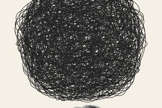 Man lying under tangled sphere symbolizing chaotic, intrusive thoughts that influence of consciousness