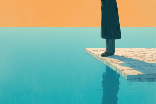 Dark figure navigating geometric orange and turquoise platforms 