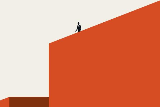 Solitude or loneliness vector illustration concept with man standing on top of building.