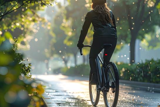 Eco commuter rides electric bicycle through city park in rainy season morning with joyful expression and lush green scenery Downloaded Eco commuter rides electric bicycle through city park in rainy season morning with joyful expression and lush green scenery 