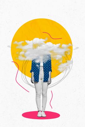 Creative artwork collage of headless no face female girl student staying non healthy psychedelic clouds isolated on drawn sketch background