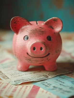 Vintage Pink Piggy Bank on Old Paper Currency Background with Rustic Blue and Brown Tones