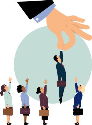 Giant managerial hand piking a man from a row of potential candidates for a job, ignoring women