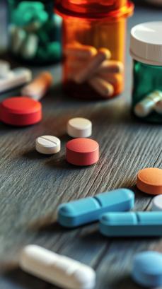 Colorful medication capsules and pills scattered on a wooden surface, surrounded by pharmaceutical bottles, creating a vibrant and dynamic composition