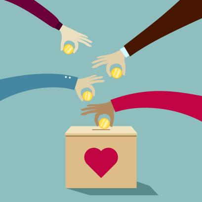 Hands putting coins into donation box