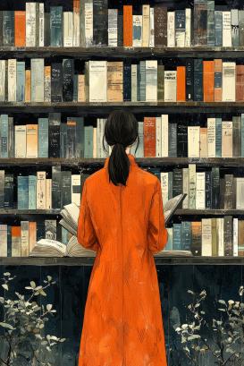 A color block digital illustration of a young woman engrossed in books in a library or bookstore