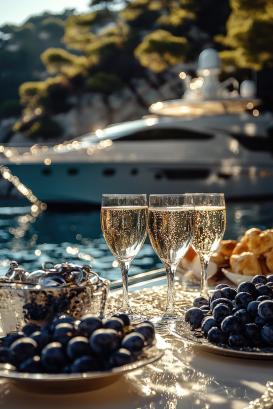 Luxurious Yacht Lifestyle: Sparkling Wine and Fresh Grapes on a Sunlit Sea Adventure