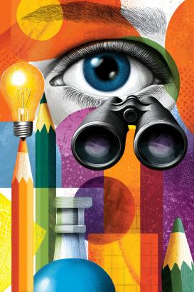 Close-up of a vibrant eye illustration surrounded by creativity symbols and tools
