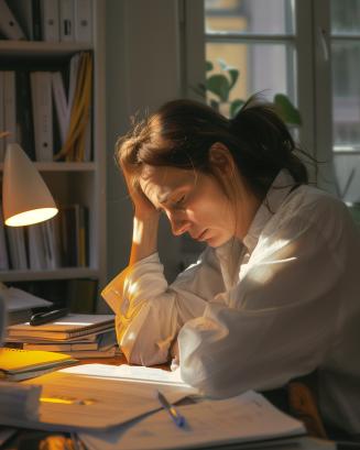 lady sitting at a desk with a laptop computer looking very frustrated and tired