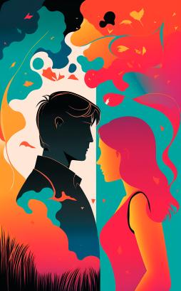 Silhouette couple face each other across a divide surrounded by bright colours