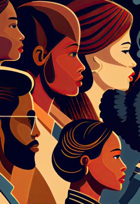 Diverse people, multiracial, multicultural crowd of men and women, side view portraits. 