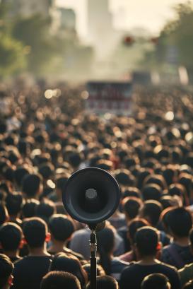 protest and social dissatisfaction concept, large crowd protesting in streets, focus on megaphone.
