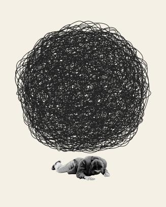 Man lying under tangled sphere symbolizing chaotic, intrusive thoughts that influence of consciousness