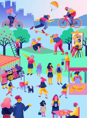 People doing different activities in the city park