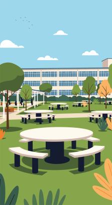 Sunny outdoor picnic area with benches and tables near school building greenery 