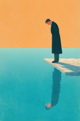 Dark figure navigating geometric orange and turquoise platforms 