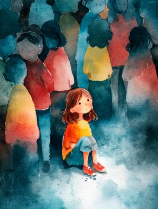 Emotional watercolor artwork depicting a bullied young girl sitting apart, surrounded by classmates, representing anxiety, sadness, and mental health struggles