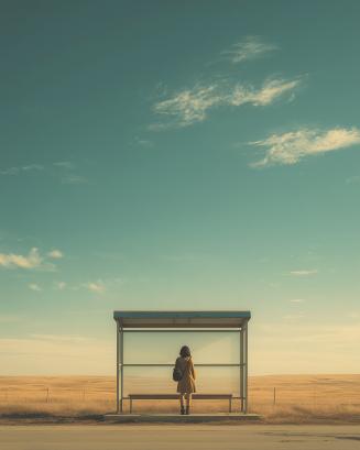 Lonely woman standing at rural bus stop in wide open field under clear sky
