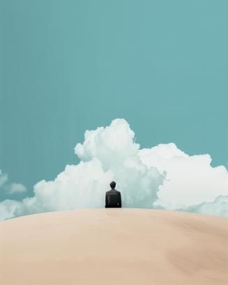 Businessman sitting on the top of a sand dune with clouds in the sky. 