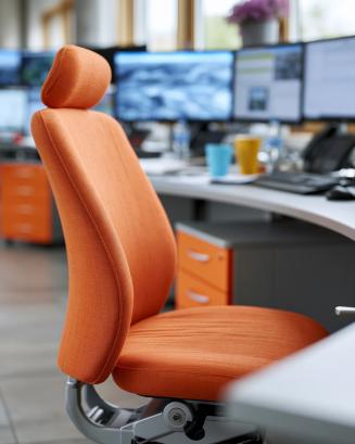 Orange ergonomic chair sits empty in modern office space