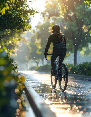 Eco commuter rides electric bicycle through city park in rainy season morning with joyful expression and lush green scenery Downloaded Eco commuter rides electric bicycle through city park in rainy season morning with joyful expression and lush green scenery 