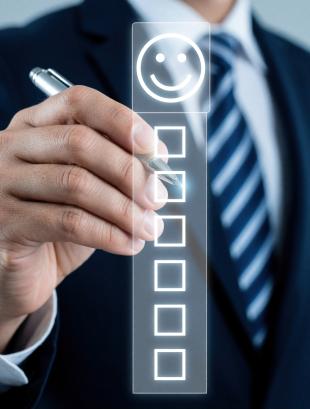 Businessman hand uses pen to select face icon on digital survey screen.