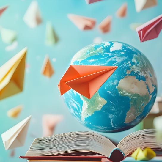 A globe surrounded by paper airplanes and books, representing global travel and education
